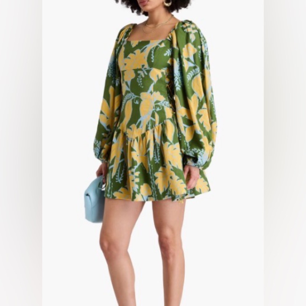 Farm Rio Green Long Sleeve Lace Up Side Mini Dress Women's Size Medium M Floral